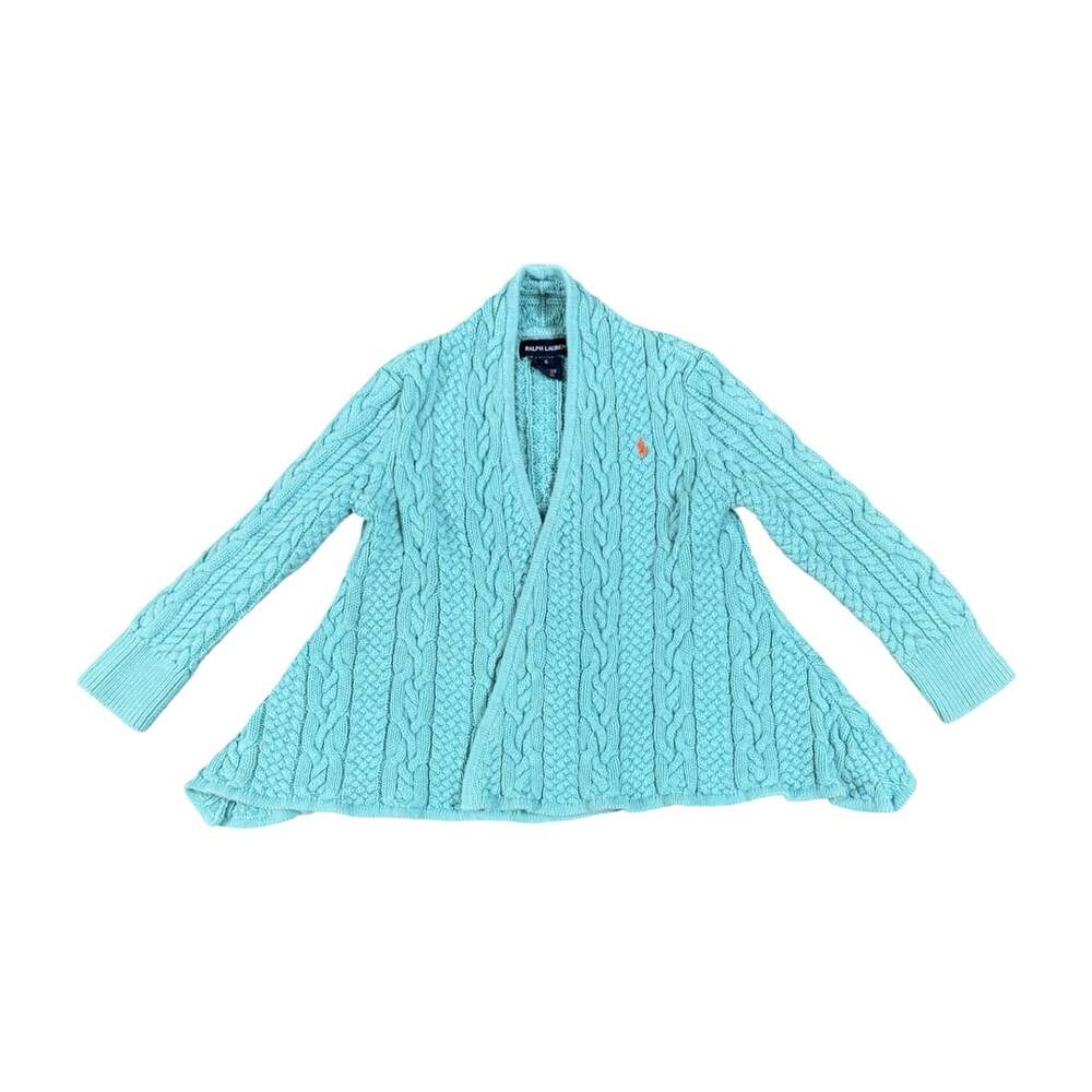 Ralph Lauren Girls Blue Cable-Knit Cotton Open Front Tie Cardigan Sweater 6